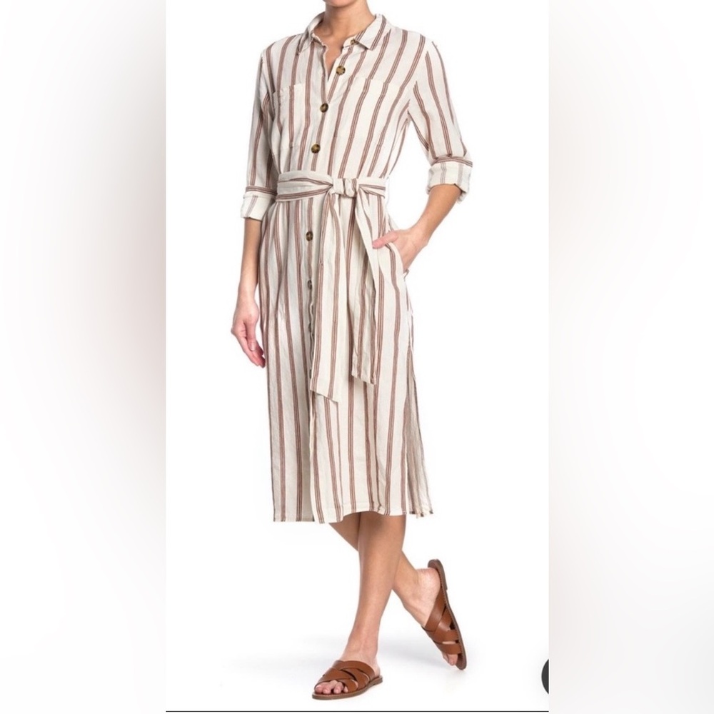 Velvet Heart Joselle, Long,Tab Sleeve, Button Down Dress, Linen Blend